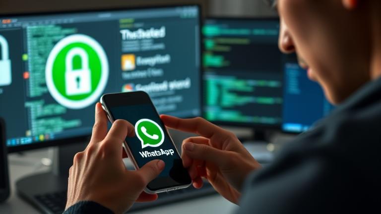 alt_text: Person reading WhatsApp messages on smartphone with security icons, emphasizing encryption and privacy.