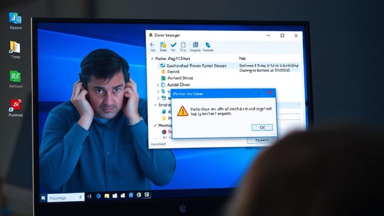 alt_text: Windows screen with audio driver error, frustrated user troubleshooting, device manager warning.