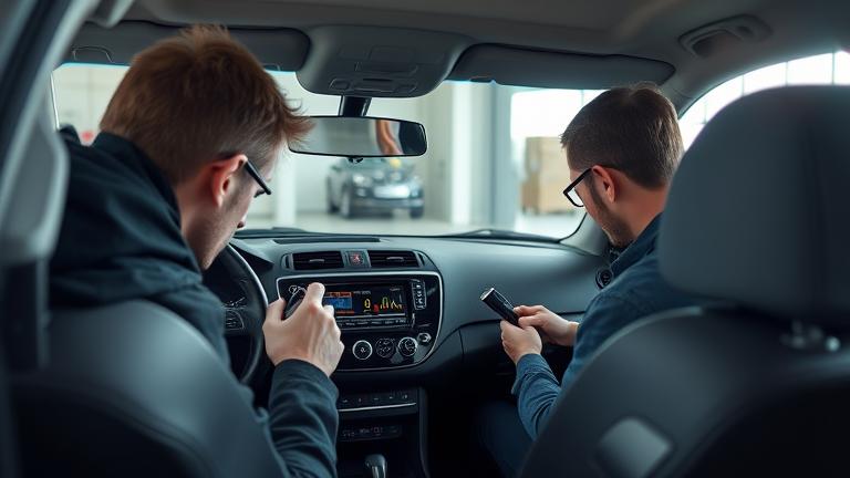 alt_text: Technician testing car stereo inside modern vehicle in a clean garage, with sound visuals.