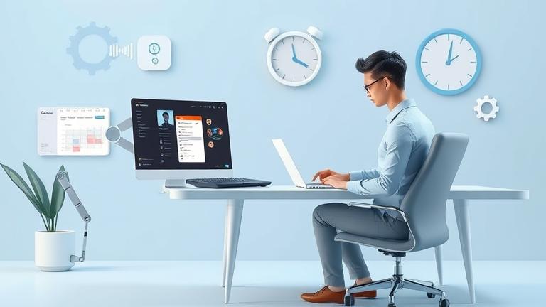alt_text: Professional at desk with laptop, Zoom interface, gears, clock—automated meeting exit.