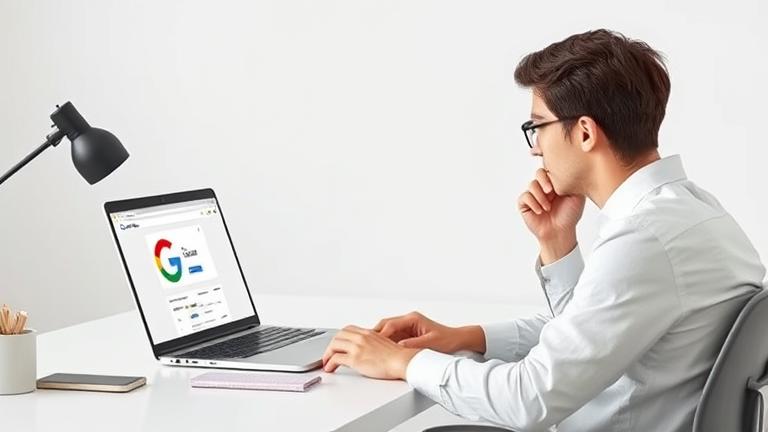 alt_text: Person at desk looking at Google activity, with phone, workspace, and Google logo.