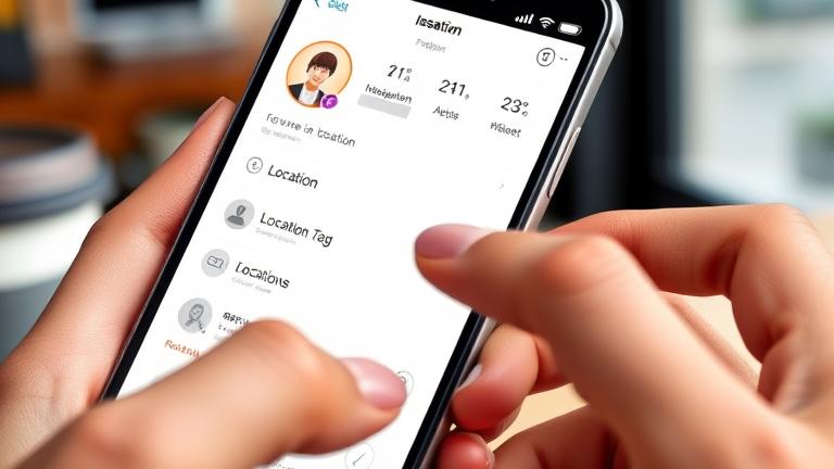 alt_text: Person editing Instagram location on phone in casual outdoor or coffee shop setting.