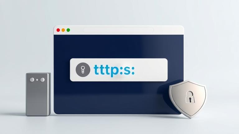 alt_text: Web browser with HTTPS padlock, server, shield icon—illustrating HSTS security concept.