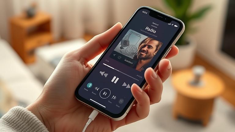 alt_text: Hand holding iPhone streaming radio with earphones, cozy setting, showcasing easy listening.