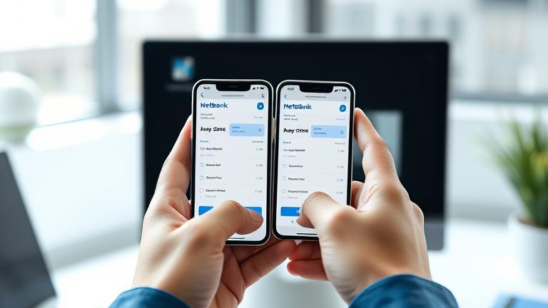 alt_text: Person holding screen with two NetBank Saver accounts, showcasing balances in a bright, professional setting.