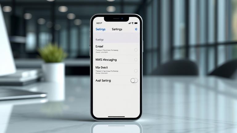 alt_text: iPhone 8 on a modern desk showing MMS Messaging toggle in Settings.