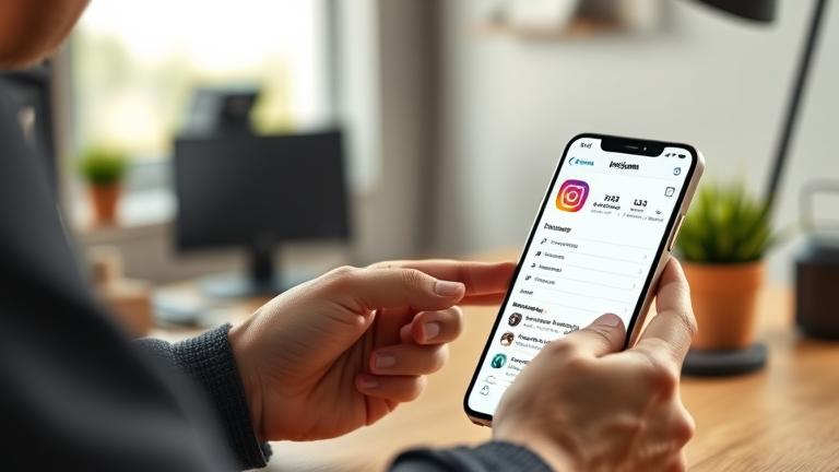 alt_text: Person at desk with phone, viewing Instagram settings, in a modern, calm workspace.