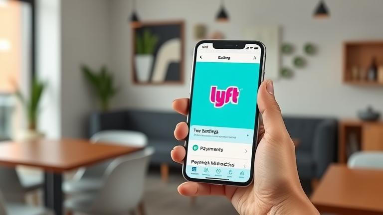 alt_text: Person holding phone in a cozy setting, showing LYFT app with payment settings highlighted.
