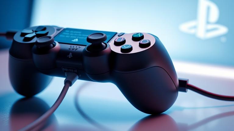 alt_text: PS4 controller with charging issues, showing warning icons on a clean, modern background.