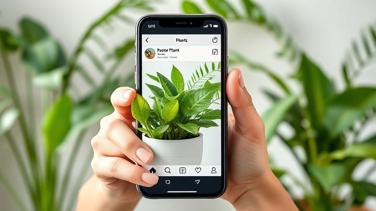 alt_text: Person with potted plant in front of phone showing a plant Instagram profile.