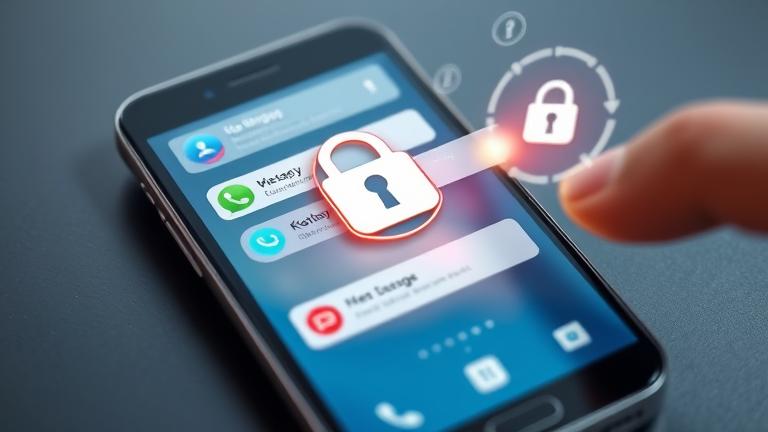 alt_text: Android phone with lock screen, security icons, and person adjusting privacy settings.
