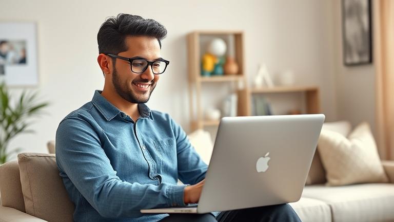 alt_text: Person managing multiple Google accounts on a laptop in a cozy, bright home setting.