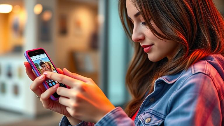 alt_text: Young woman browsing Instagram with stylish guys in feed, vibrant, trendy, modern vibe.