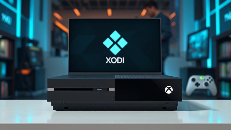 alt_text: Modern Xbox One with Kodi interface, technician guiding installation in a vibrant, tech vibe.