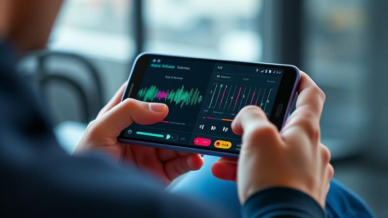 alt_text: Person using Android to boost music volume with sliders, sound waves, vibrant modern design.
