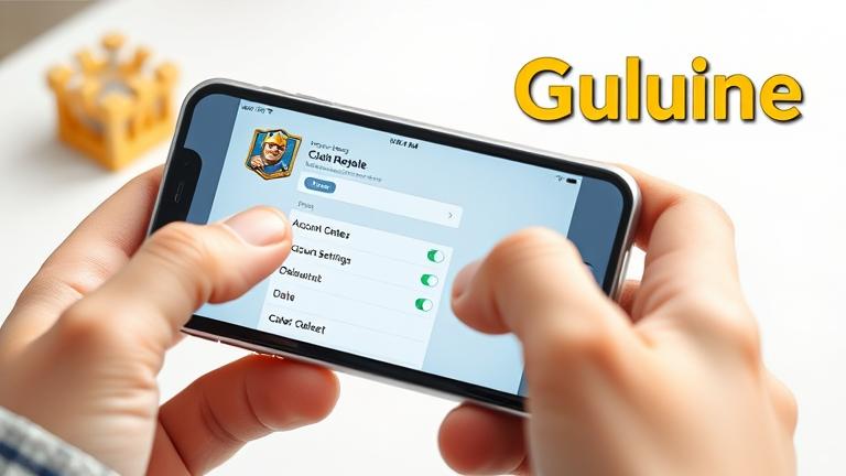 alt_text: Smartphone with Clash Royale app, displaying account settings, for a tutorial or guide cover.