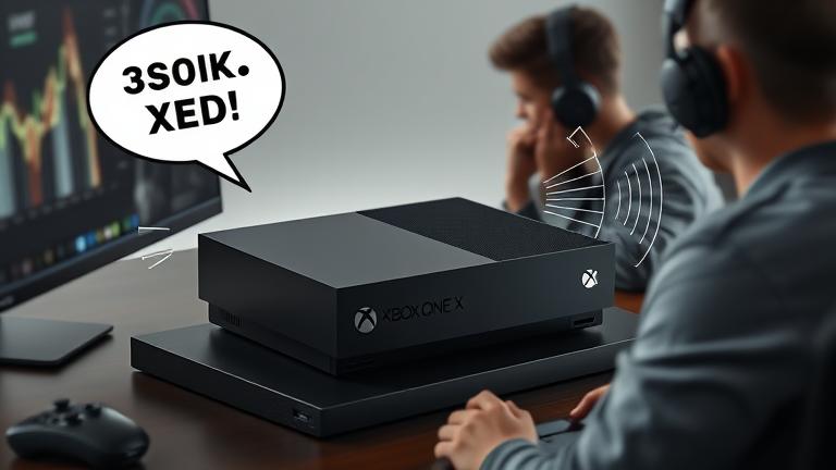 alt_text: Gamer with headphones reacts to Xbox One X noise, with sound waves and "Is the Xbox loud?"