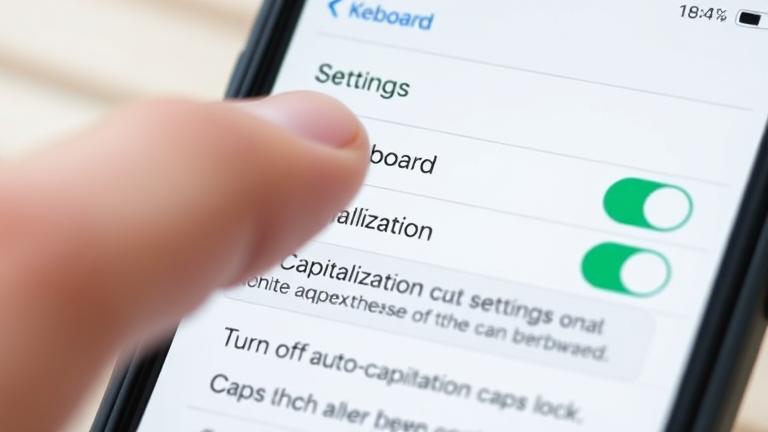 alt_text: iPhone Settings screen showing toggle to turn off auto-capitalization with finger tapping.