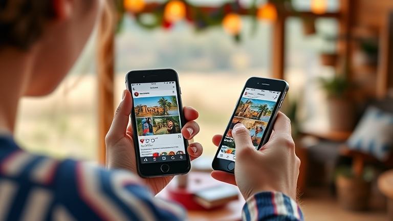 alt_text: Person browsing liked Instagram photos on phone in cozy outdoor or indoor setting.