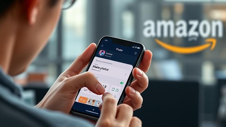 alt_text: Person deleting photos on Amazon Photos app on smartphone in a tech setting.