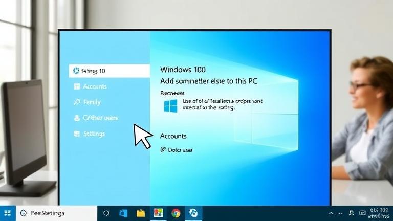 alt_text: Windows 10 settings screen showing account setup, with a person using the PC nearby.