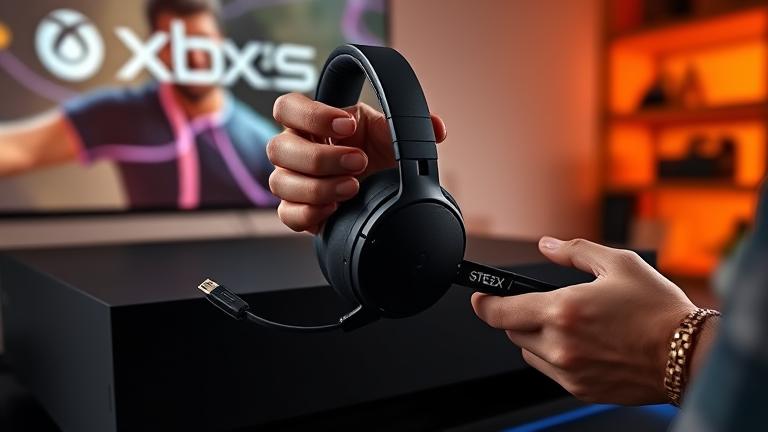 alt_text: Person connects SteelSeries Stealth 600 headset to Xbox Series X/S in a modern gaming setup.