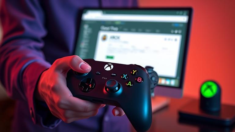 alt_text: Person holding Xbox controller with screen showcasing purchase confirmation; tech-focused vibe.