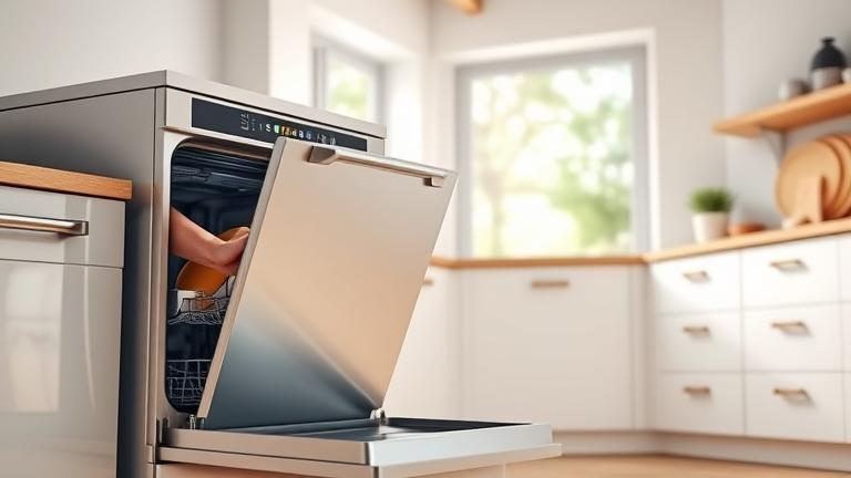 alt_text: Modern Blomberg dishwasher open, with person pressing reset in a bright, clean kitchen.