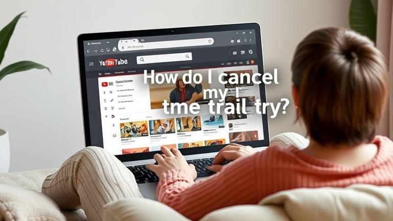 alt_text: Person at a computer viewing YouTube, highlighting "Manage Membership" to cancel free trial.