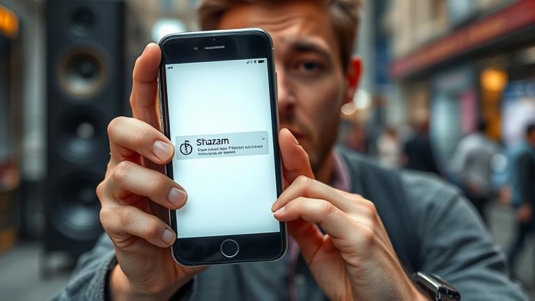 alt_text: Frustrated person with phone showing Shazam error, city street and music elements in background.