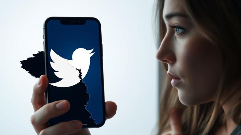 alt_text: Person gazes at fading Twitter logo on phone, symbolizing account deletion and social media fading.