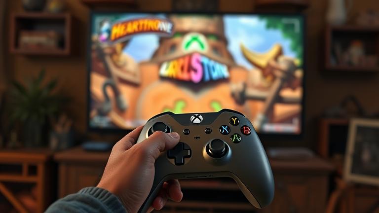 alt_text: Person holding Xbox controller with paused Hearthstone game on screen in cozy gaming setup.
