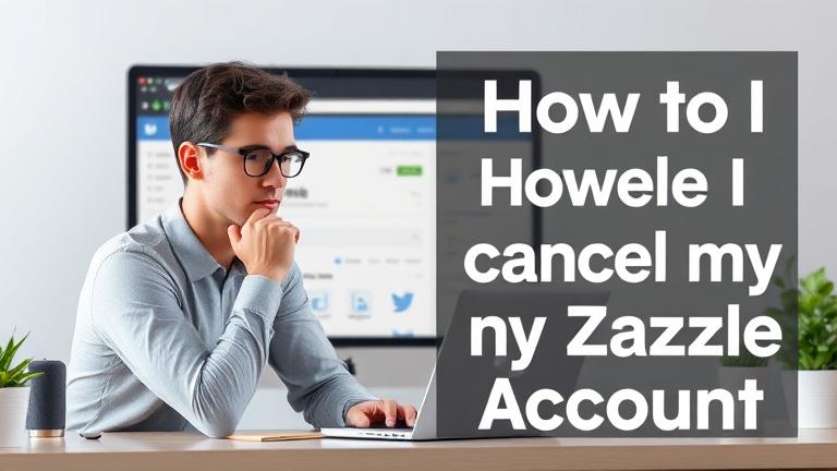 alt_text: Person at desk with laptop, Zazzle site on screen, warning icon, asking "How to cancel?"