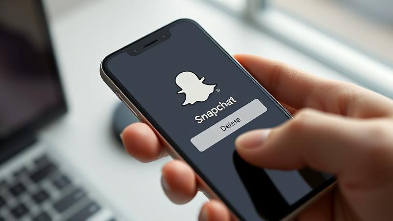 alt_text: Phone with Snapchat icon highlighted, finger ready to delete, in a modern, natural-lit setting.
