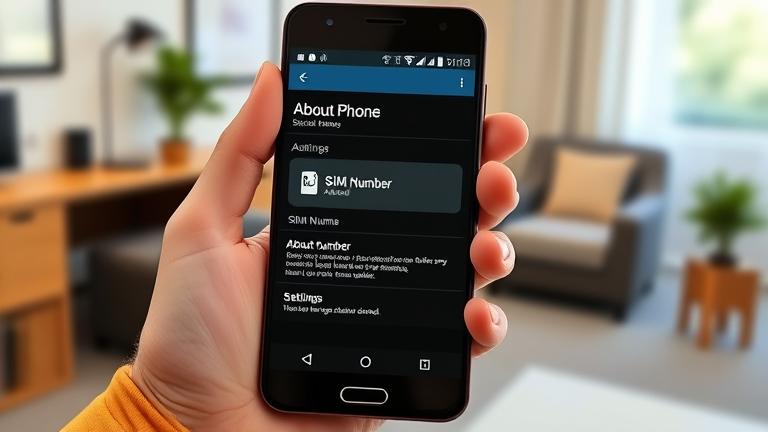 alt_text: Person holding Android phone showing "About Phone" with SIM number in a clean setting.