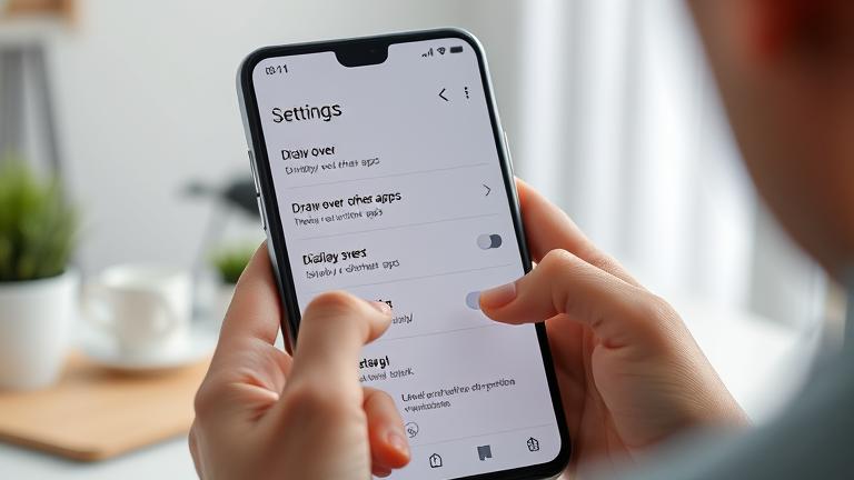 A person toggling "Display over other apps" on Android 10 in a vibrant, user-friendly setting.