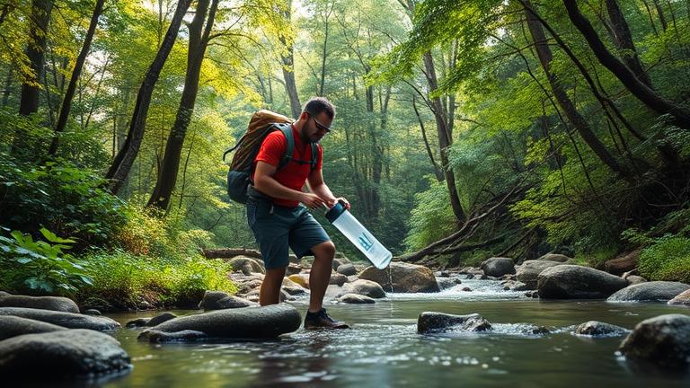 alt_text: Solo hiker sourcing clean water from a lush forest stream with a portable filter.