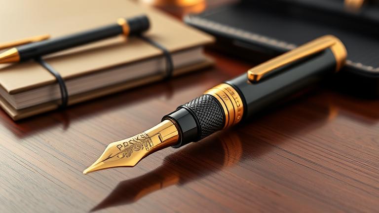 alt_text: Close-up of a luxurious Parker pen with engravings, on a wooden desk with elegant items.