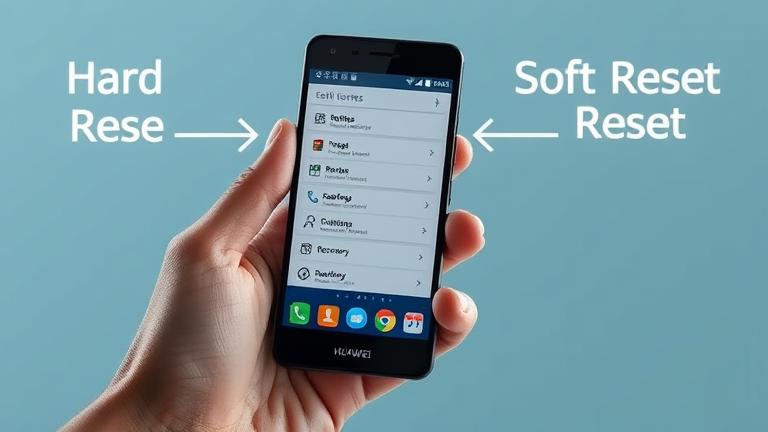 alt_text: User holding Huawei Sensa H715BL, with reset options on screen and labels for hard & soft reset.