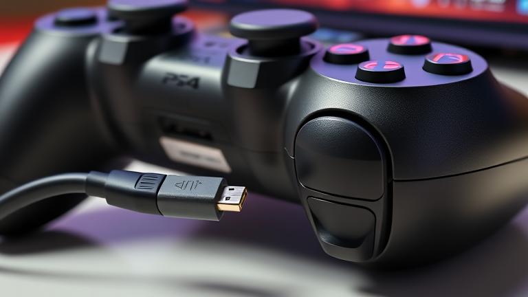 alt_text: PS4 controller connected via USB port, showcasing USB Type-A/Micro-B for gaming.