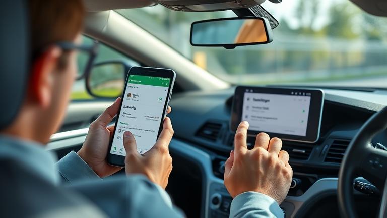 alt_text: Person in a car disables Android Auto on their smartphone with a clean, modern interior.