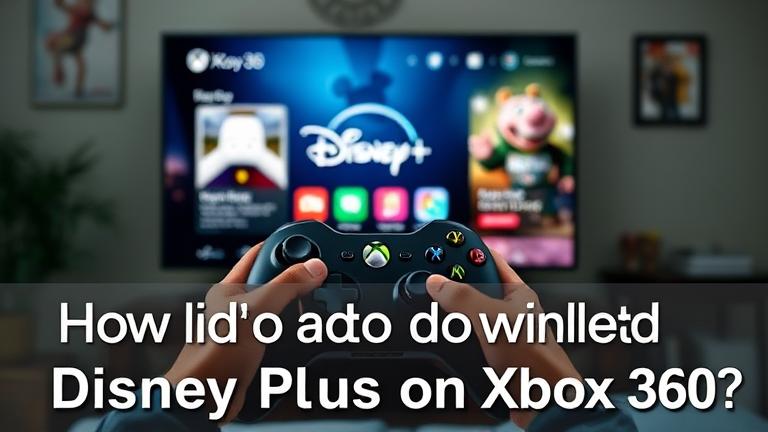 alt_text: Person holds controller, accessing Disney+ on Xbox 360 in cozy living room setting.
