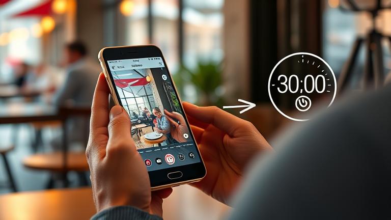 alt_text: Person using smartphone creatively recording on Instagram hands-free in a cozy, vibrant setting.