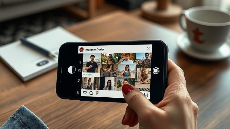 alt_text: Smartphone showing Instagram Stories with multiple videos queued, ready to post.