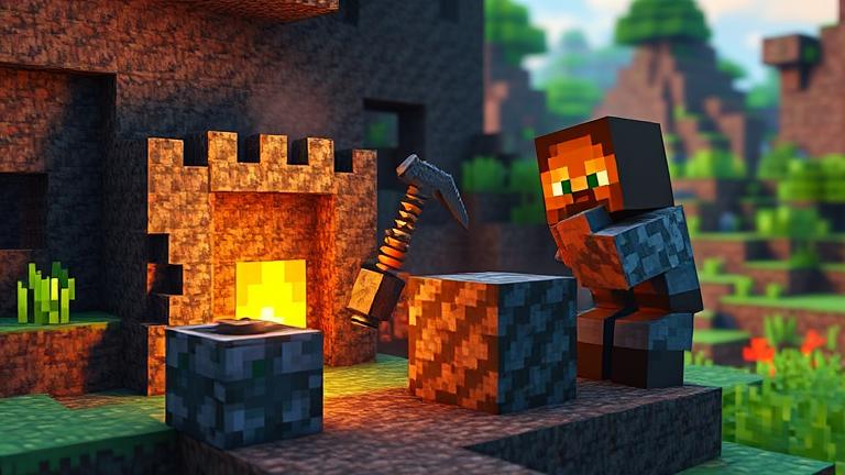 alt_text: Minecraft PS4 scene of a player mining and smelting iron in a lush, detailed pixel world.