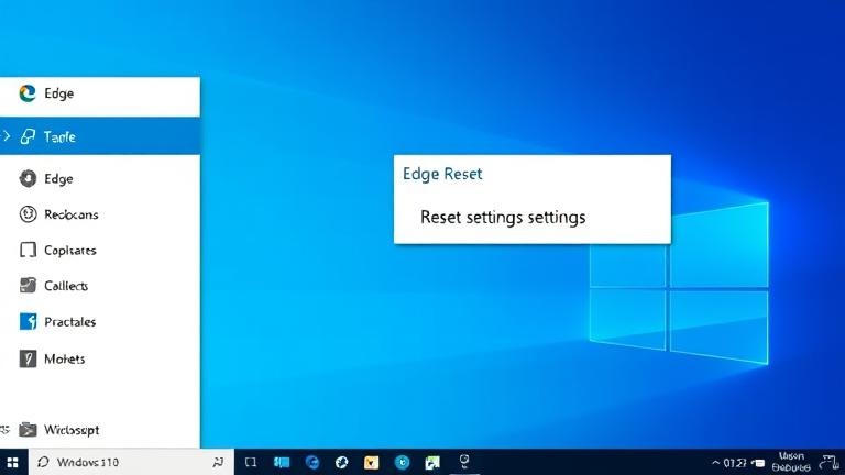 alt_text: Windows 10 desktop with Edge Reset highlighted in Edge settings, clean and professional.