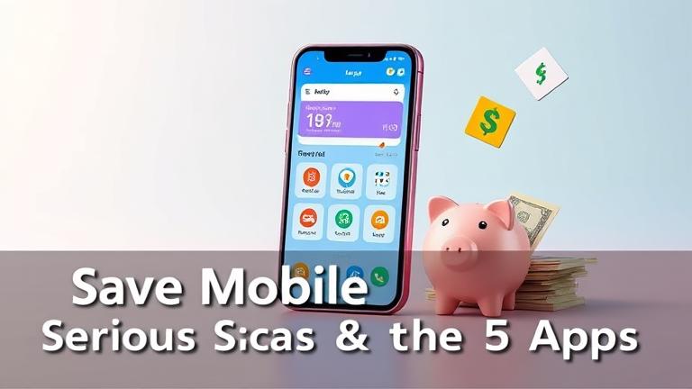 Smartphone showcasing data and cash-saving apps with icons, piggy bank, and a vibrant background.