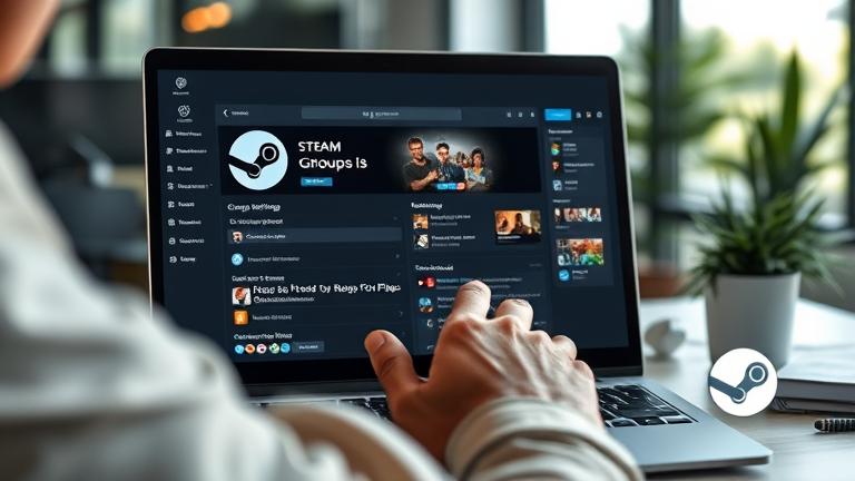 alt_text: Person navigating Steam Group settings on laptop in a modern workspace.