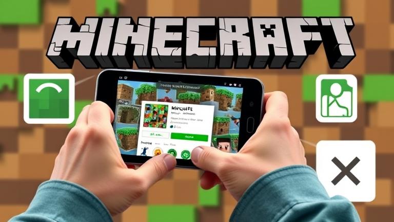 alt_text: Person confidently using device with Minecraft PE open, surrounded by game and account icons.