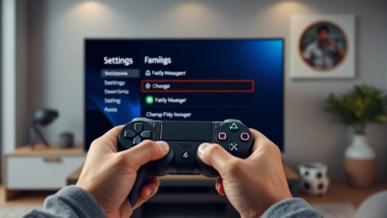 alt_text: Person using PS4 to change family manager in settings menu in a modern living room.